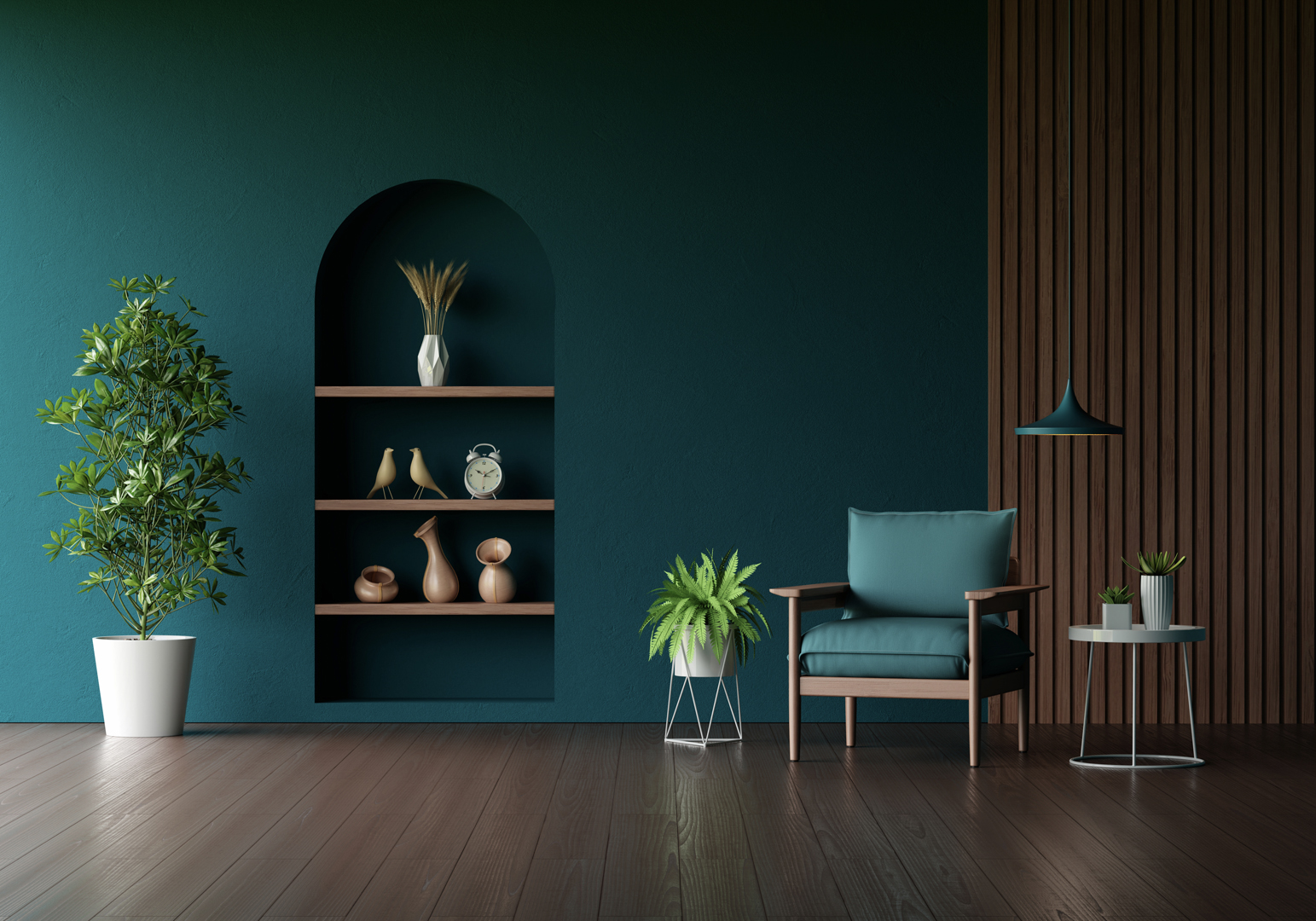 Armchair in green living room interior with copy space for mock up, 3D rendering